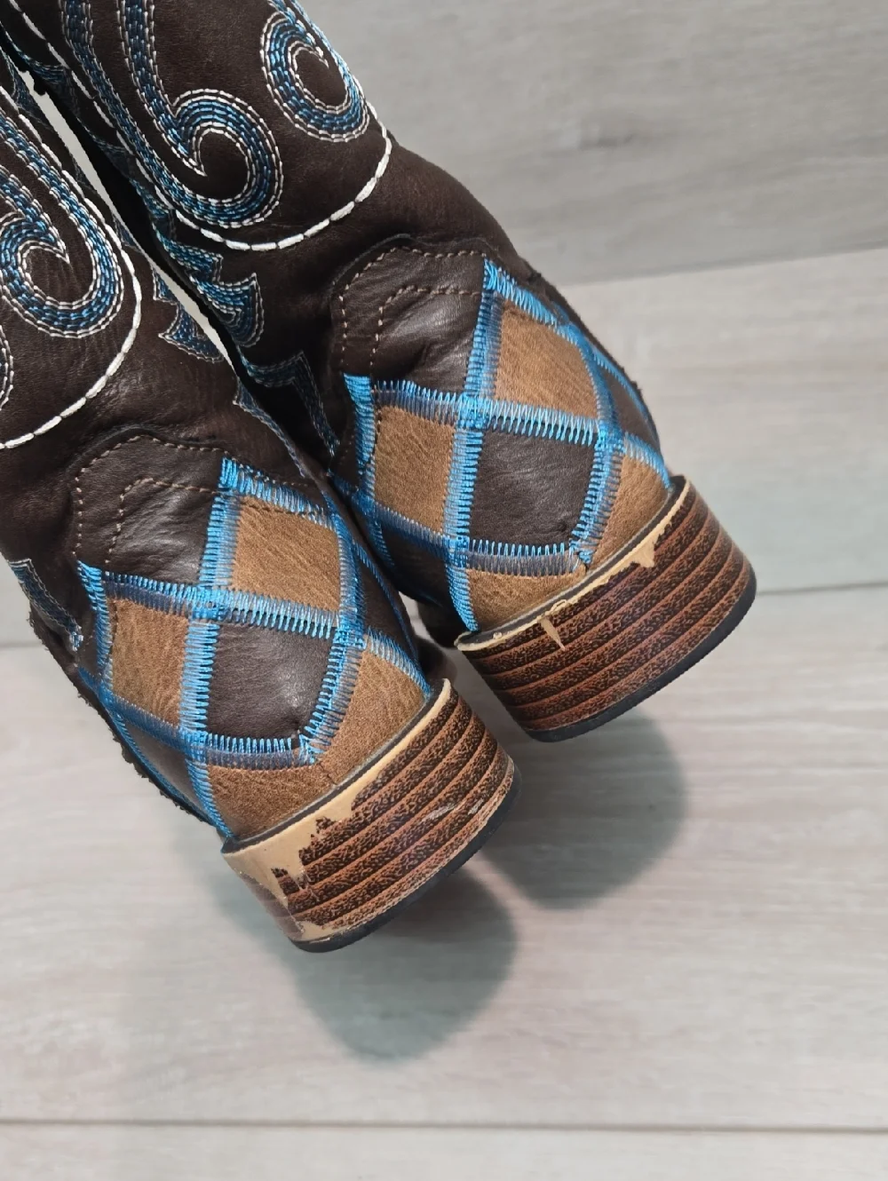 Roper Kids Girl Tall Leather Western Boots with Blue Stitch Plaid Shoes Sz 11